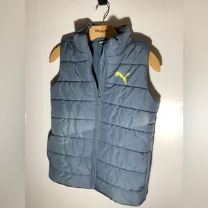 Puma Kids Blue Puffer Vest Yellow Logo Size L 10-12 Lightweight